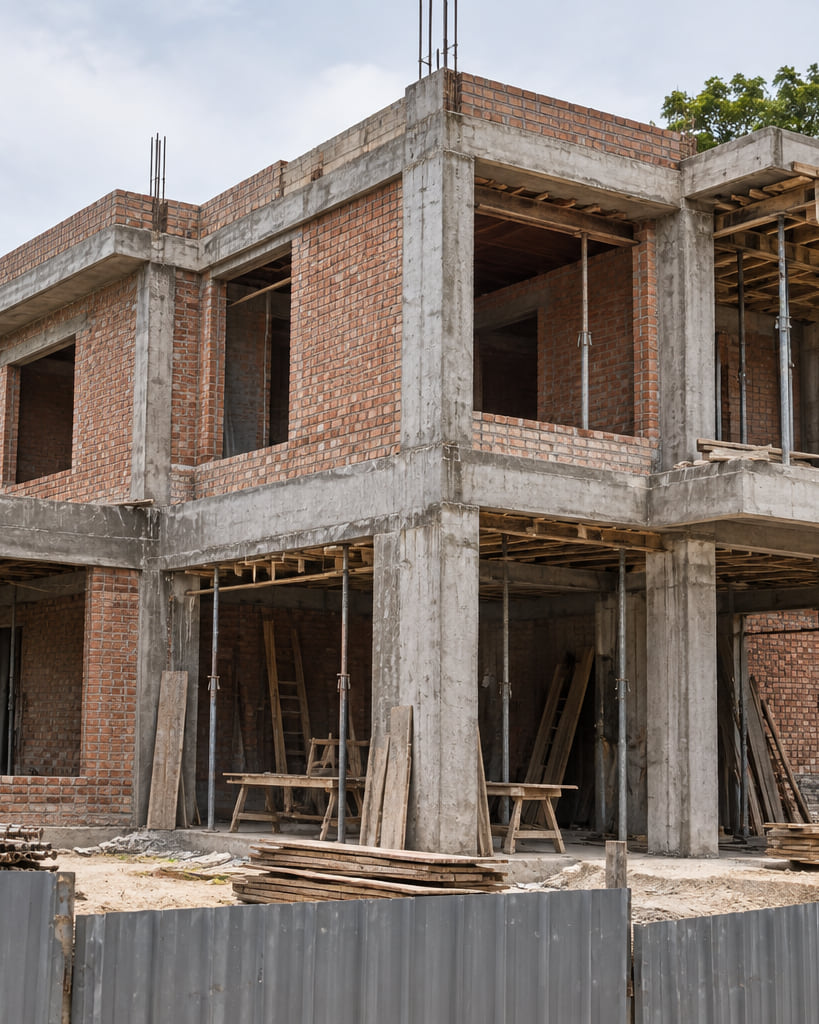 A two-storey house at structural stage: a reinforced-concrete frame with clay brick infill walls, formed beams, unglazed openings and timber staging inside.